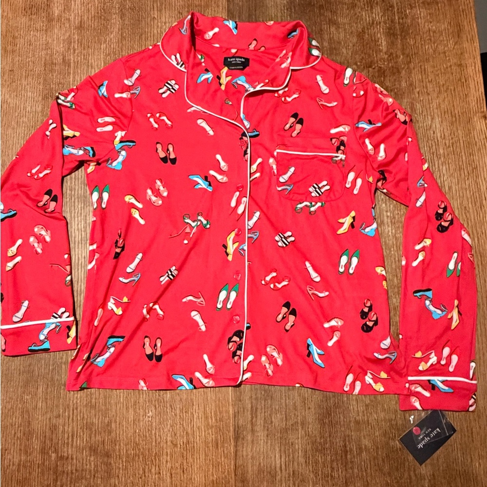 Kate Spade Red Shoe Print Pajama Top Button Front Sleepwear